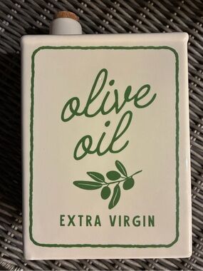 Brand new “Olive Oil Extra Virgin” Ceramic Bottle - cream & green w/ cork top.